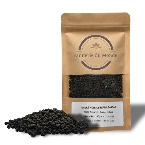 Poivre Noir de Madagascar en Grains - Extra Aromatique - Idéal pour Moulin - Notes Boisées, Fruitées - 100% Naturel - Sachet Refermable - Sachet de 100g