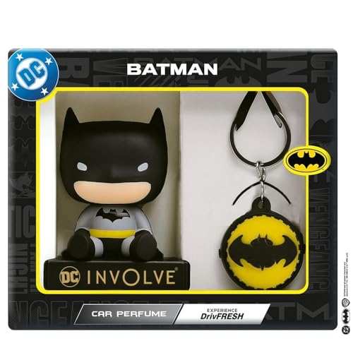 Image of Involve DC Batman Bobblehead Fiber Car Perfume with Batman Keychain | Action Figure Bobblehead | OFFICIAL DC MERCHANDISE Limited Edition for Car Dashboard idol & Office Desk | Dashboard Figurine