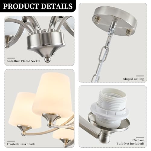 Image of 6-Light Brushed Nickel Chandeliers for Dining Room with Frosted Glass Farmhouse Silver Ceiling Hanging Lighting Fixtures Classic Pendant Lamp for Living Room,Dining Table,47.2 Height Adjustable