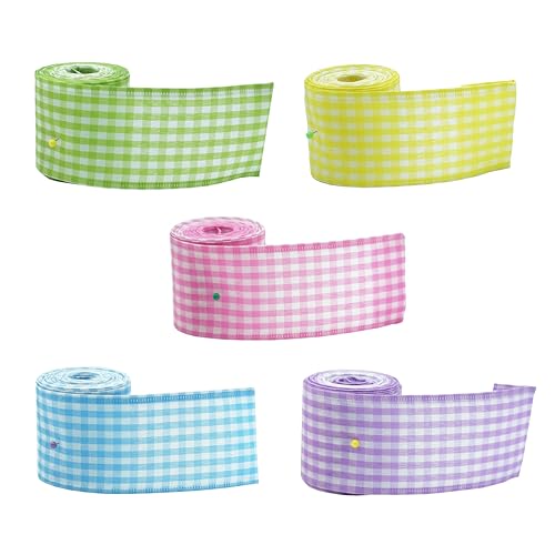 5 Rolls Easter Plaid Wired Ribbon Purple Yellow Blue Green Pink Spring Wired Ribbon for Wreaths Gift Wrapping Home Decor 26yds 30yards