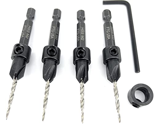 Image of FTG USA #4 (7 /64 inch) Wood Countersink Drill Bit 4-Pc Set with 3 /8 inch Depth Stop | Convenient 4-pack of identical tapered bits for woodworking. Includes an adjustable 3 /8 inch depth stop collar