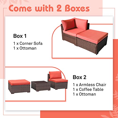 Jardina 5-Piece Outdoor Furniture, Patio Conversation Set, All Weather Modular Sectional Sofa, Wicker Sectional Chair Tempered Glass Coffee Table, Brown Rattan & Orange Cushions #TOP3