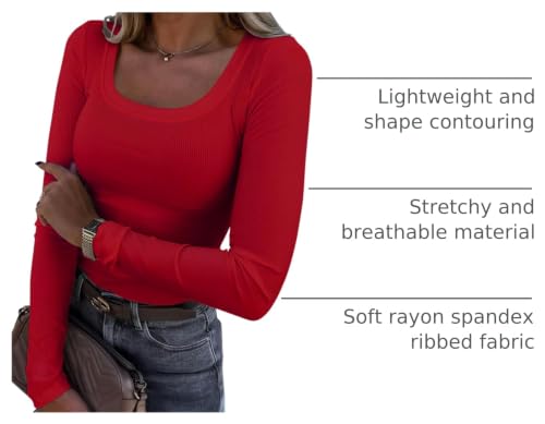 Image of Roselux Womens Long Sleeve Scoop Neck Ribbed Knit Fitted Casual Tops Tee Slim Basic Shirts
