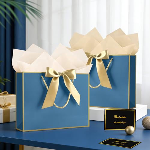 Image of JMANNI Gift Bags with Handles, 11 inch Small Gift Bag for Presents, 2 Pcs Bags with 4 Tissue Paper and 2 Cards for Baby Shower Wedding Bridal Shower Mother's Day Birthday Party (Golden-Blue)