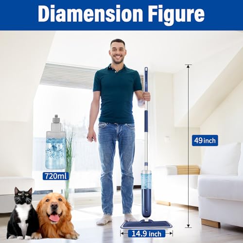 Image of PowerMop Floor Mop with 720 ml Refillable Bottle & 3 Microfiber Pads | Powered wet dry mop for kitchen, wood, hardwood, laminate, ceramic tile floors, with washable pads and refillable bottle