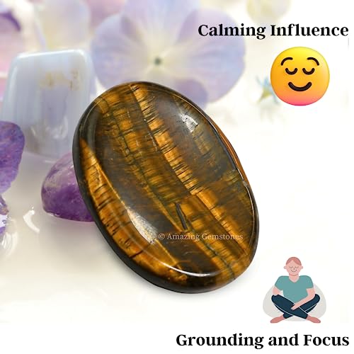 Image of Amazing Gemstone Tiger Eye Worry Stone Crystals and Healing Stones - Worry Stones for Stress Relief Gifts - Piedra Crystal Fidget for Meditation, Relaxation - Unique Stocking Stuffers