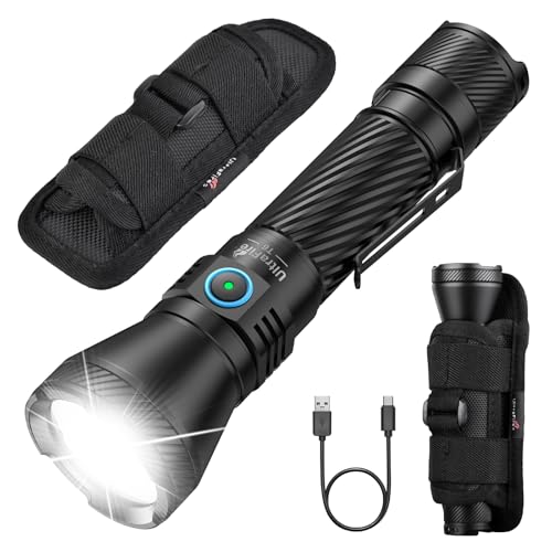 ULTRAFIRE Police Tactical Flashlight with Holster 1800 High Lumens Rechargeable LED Flashlight Super Bright Powerful Duty Flashlights with Long Range for Camping Emergencies
