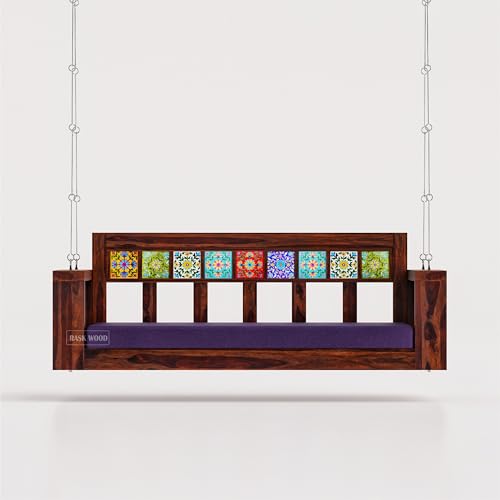 Image of Wooden Swing for Balcony, Solid Sheesham Wood 3 Seater Jhula with Cushion, Heavy Duty Hanging Sofa Bench for Living Room, Indoor Traditional Indian Wooden Swing | Walnut Finish