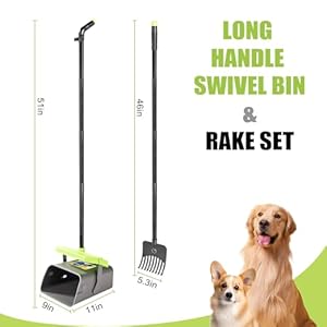 Pooper Scooper Swivel Bin & Rake Kit Set of 2 for Large Medium Small Dogs with 46″ Long Metal Handle and 35 Waste Bags, Poop Scooper to Clean Pet Waste Use for Yard, Grass, Dirt or Gravel