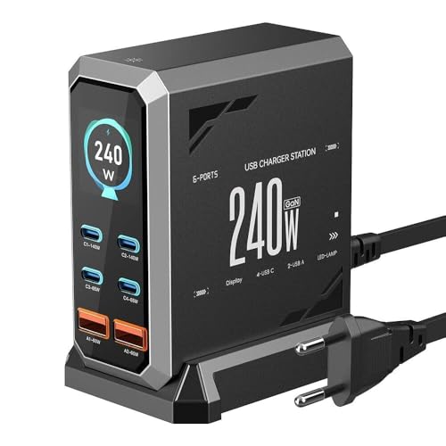 Image of USB C Charger Block, 240W GaN USB C 6-Port Charger Station, Laptop Power PD Adapter with Touch Control and Color Display, Charging Station for Ma Book, 1Phone, Sam /Sung, Laptop, 1Pad, Desktop (HW186)