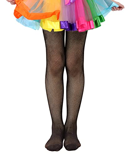 VINICUNCA Girls Fishnet Stockings for Princess Dress High Waist Mesh Tights Cute Pattern Knit Socks (7-14 Years black-mini Grid)
