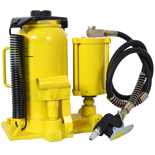 Air/Hydraulic Bottle Jack - 20 Ton/44,029 LBS Capacity, All Welded Construction, 10.2-19.7 Inch Lifting Range, Manual Handle & Air Pump - Ideal for Cars, Pickups, Trucks, RVs, Auto Repair (Yellow)