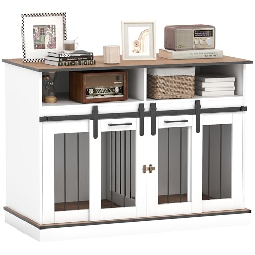 PawHut Dog Crate Furniture, Dog Cage End Side Table for 1 Large Dog or 2 Small Pets, with Movable Divider, Shelves, Sliding Doors, 120 x 60 x 88.5cm, White