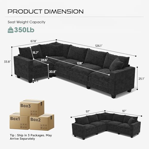 Image of 126 inch L Shaped Sectional Couch, Comfy Chenille Cloud Couch, 5 Seat Modular Cloud Sofa with 2 Pillows & Storage Armrests, Convertible V Shaped Corner Couch, Sectional Couches for Living Room, Black