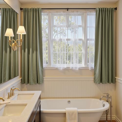 Image of Blackout Olive Sage Velvet Curtains Rod Pocket 52x72 Inch 2 Panels | Soft Velvet, Light Filtering, For Small Windows, Kitchens & Bathrooms, Light Shifting Texture, Elegant Drape, Serene