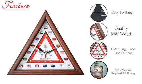 Image of LINE Wood - Antique Wooden Wall Clock - Triangular Shape Multi-Country World Clock with Time Zones Vintage Style for Home, Office, Bedroom, Hall, Living Room, Farmhouse Decor (16 INCH)