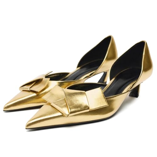 KysBloes Women Pointed Toe Kitten Heels Pumps Low Heel Bow Shoes,Metallic Gold Pumps