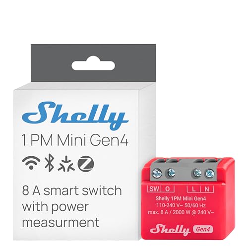 Shelly 1PM Mini Gen4 - Interrupteur Matter, Zigbee, Wi-Fi, 1 Canal 8A, Mesure de consommation électrique, Éclairage connecté, Contrôle app, Compatible avec Apple Homekit, Alexa, Google, SmartThings