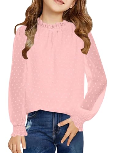 Xnihocha Mädchenbluse Langarm Gewelltes Oberteil Falten Shirt Rundhalsausschnitt Einfarbig Lässig 6-13 Jahre Rosa 152-158