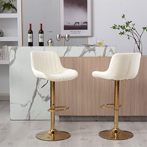 I-Pook Swivel Bar Stools Set Of 2, Adjustable Counter Height Barstools With Tufted High Back And Golden Footrest, Velvet Upholstered Bar Chairs For Home Bar Kitchen Island, Ivory #TOP2