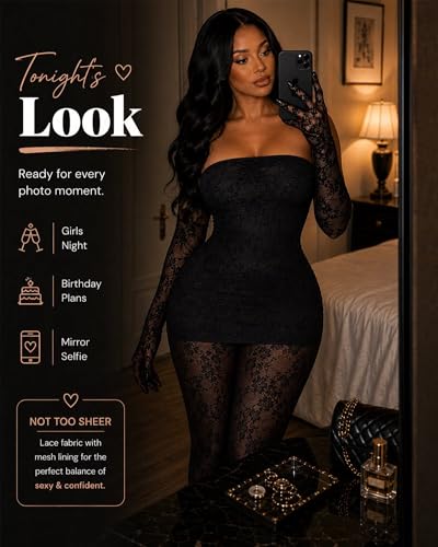 Image of Kafiloe Sexy 2 Piece Outfits for Women Clubwear Lace Tube Mini Dress Top with Stockings Set Birthday Outfits