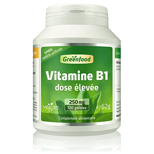 Greenfood Vitamine B1, 250 mg, dose élevée, 120 gélules - pour un métabolisme énergétique normal. SANS additifs artificiels. Sans organisme génétiquement modifié. Comprimés vegan.