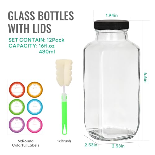 16 oz Glass Juice Bottles with Lids 12 Pack,Reusable Glass Drink Bottles,500ml Water Drinking Jars for Milk,Juicing,Kombucha,Ginger,Beverage Glassware,Juice Drinking Jars - Image 3