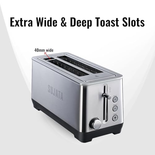 Image of Sujata 1500 W Pop-up 4 Slice Stainless Steel PT12 Toaster | 7 Heating Modes | Cool Touch | Reheat and Defrost Function | High Lift Toast | Extra Wide Toast Slot