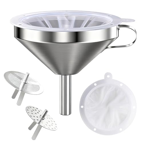 Mokaskaidj 4 Pièces Entonnoir Cuisine Kit, Entonnoir en Acier Inox avec Filtre à Mailles 200 Filtres, Résistant aux Aliments, Anti-Déversement pour Huiles,...