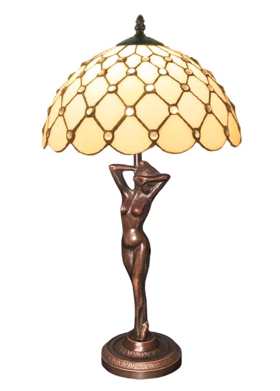 Middle-England 52cm High x 33cm Dia Cream Pearl Jewelled Tiffany Table Lamp W/Lady Base. Includes Bulb