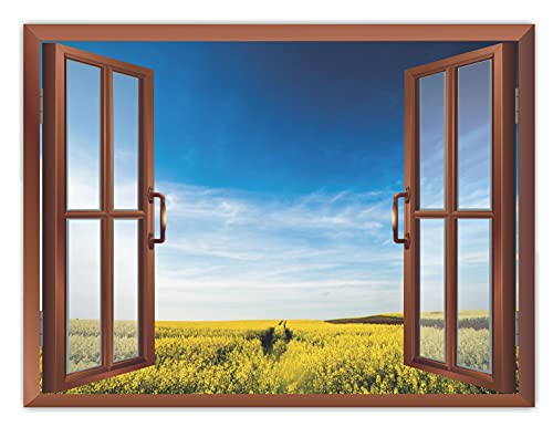 Image of CVANU Lovely View of Yellow Meadows with Clear Blue Sky in a Sunny Day Removable Faux Window Wall Sticker /Decals for Living Room etc Cv 45