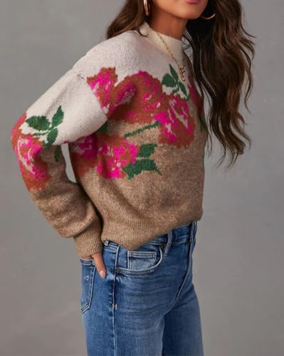 Image of Women's Flower Sweater Crew Neck Casual Long Sleeve Drop Shoulder Pullover Sweaters Knit Top