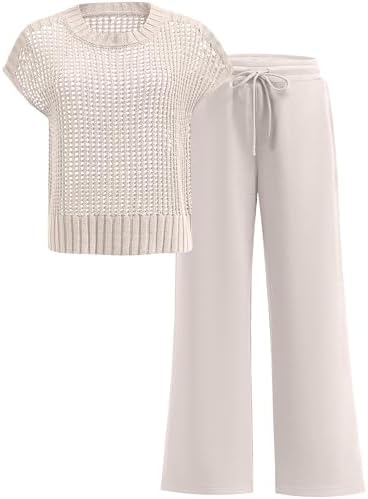 ANRABESS Women Two Piece Outfits Crochet Sheer Knit Sweater Top Wide Leg Pants Lounge Matching Sets Sweatsuit Travel Clothes