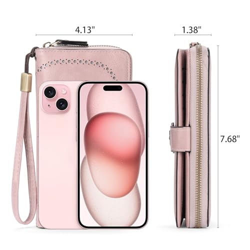 Image of Wristlet Wallets for Women Leather Credit Card Holder Bifold Pink | RFID Blocking, Large Capacity, Ladies Phone Clutch Purse with Zippered Coin Pocket