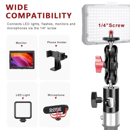 Image of Light Stand Mount Adapter with Double Ball Head - Compatible with Camera Monitor, Ring Light - Fits Flat Head Light Stand, Boom Arm - Max Load 4.4lb /2kg - 1 /4'' Screw