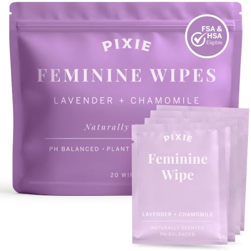 Image of Pixie Menstrual Cup Wipes - Lavender Scented, Flushable, Biodegradable & pH Balanced - Individually Wrapped Wipes for Menstrual Cups & Discs, On-The-Go (20 Count)