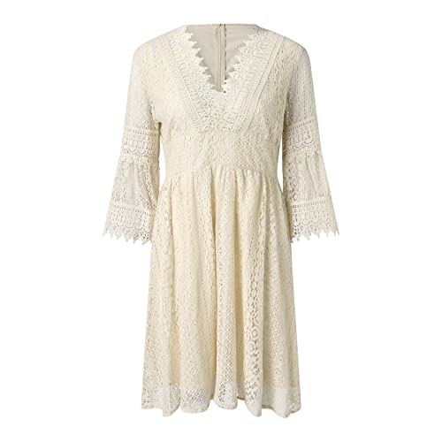 Weißes Boho Kleid Damen Sommer Kurz Strandkleid Elegant Spitze Freizeitkleid Lose A-Linie Minikleid Freizeitkleid 003 Beige XXL