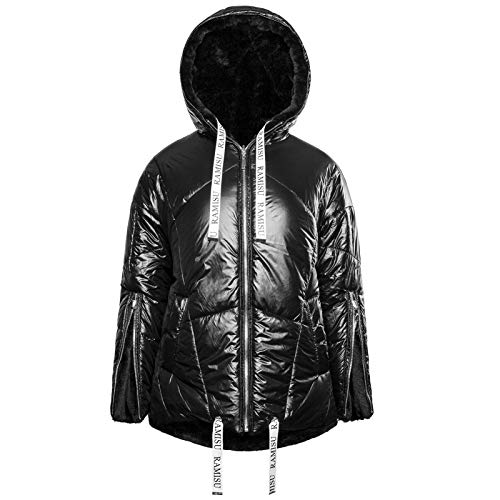 RAMISU Women's Reversible Winner Jacket Hooded Faux Fur Lined Coats Worn on Both Sides Black XL 8061