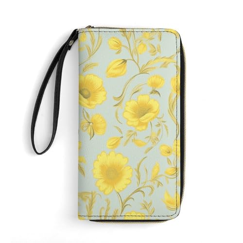 Women Wallets Yellow Flower Leather Wallet for Women Thin Wallet with Zipper Pocket Card Holder
