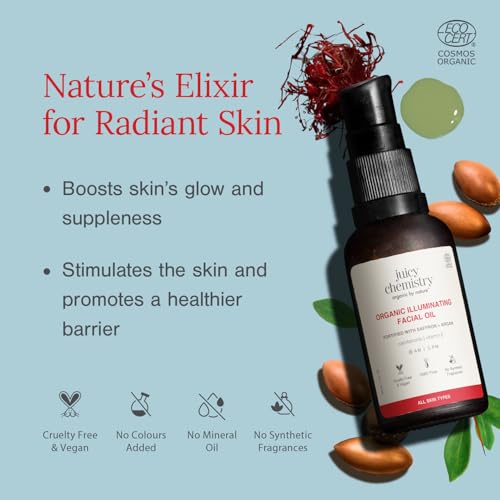 Image of Juicy Chemistry Organic Illuminating Facial Oil with Saffron + Argan, 30 ml | Boosts Skin Glow | Promotes Healthier Barrier | Brightens & Evens Out Skin Tone | Non-sticky & Lightweight | Dermatologically Tested