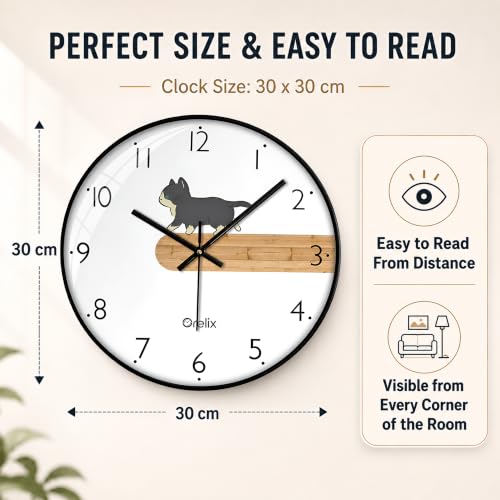 Image of Cute Cat Wall Clock for Home Decor Non-Ticking Silent Wall Clock | Modern Wall Watch for Hall, Living Room, Office & Bedroom | Fancy Wall Clocks for Kids Room | Round Easy-to-Read Wall Watch