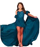 Nkitmei Pageant Dresses for Girls Fringe Sparkling with Flowy Cape Graduation Kids Formal Fun Fashion Dress Peacock 8
