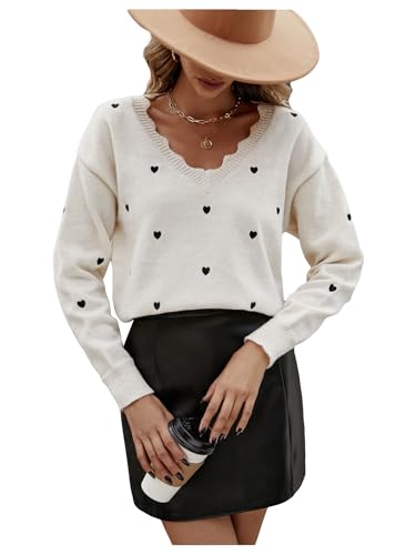 Image of BEAUDRM Women's Heart Pattern V Neck Sweater Scallop Trim Long Sleeve Pullover Tops Beige Small