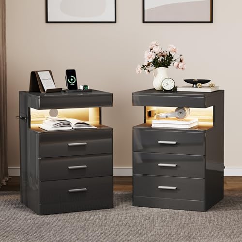 Treocho LED Nightstand Set with Charging & RGB Lights