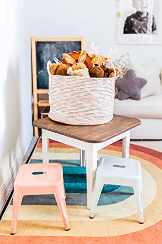 Image of OrganiHaus Round Toy Basket & Blanket Basket, Cotton Rope 20x13 inch | Stitches Rainbow - Round Cotton Rope Basket, 20x13 inch
