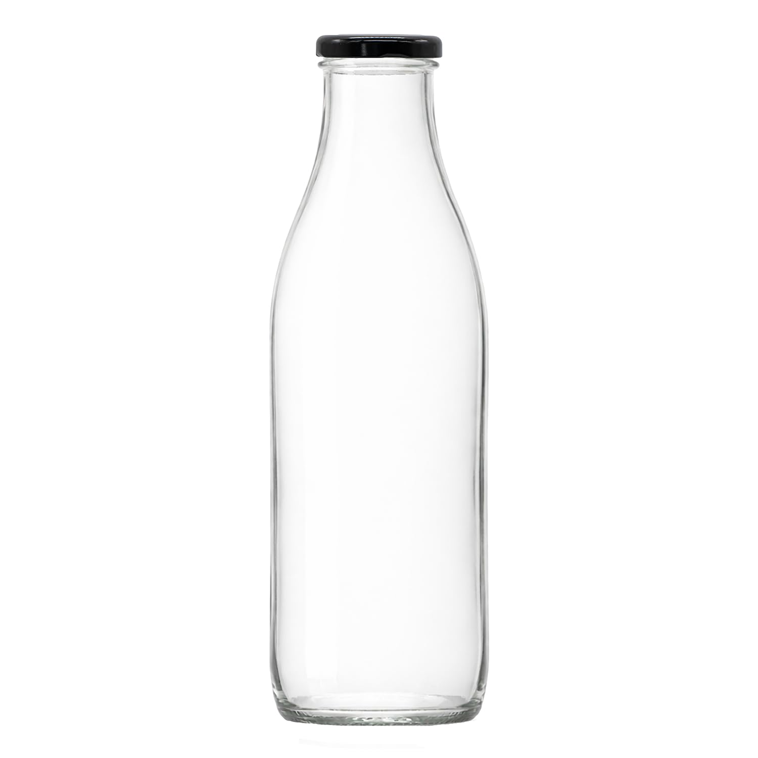 1 Litre Glass Bottles with Lids (Pack of 6) – Large Glass Drink Bottles for Juice, Milk, Water & Smoothies (6 x Black Lids)