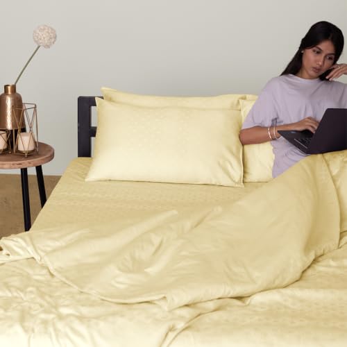 Image of Blue Dahlia 100% Cotton, King Size /Double, Elastic Fitted Bedsheet (72 inchx78 inch) + 2 Pillow Covers,Fits Upto 10 inch Mattress, 300TC Premium Bedsheet, Dazzling Diamond Jacquard - Ivory