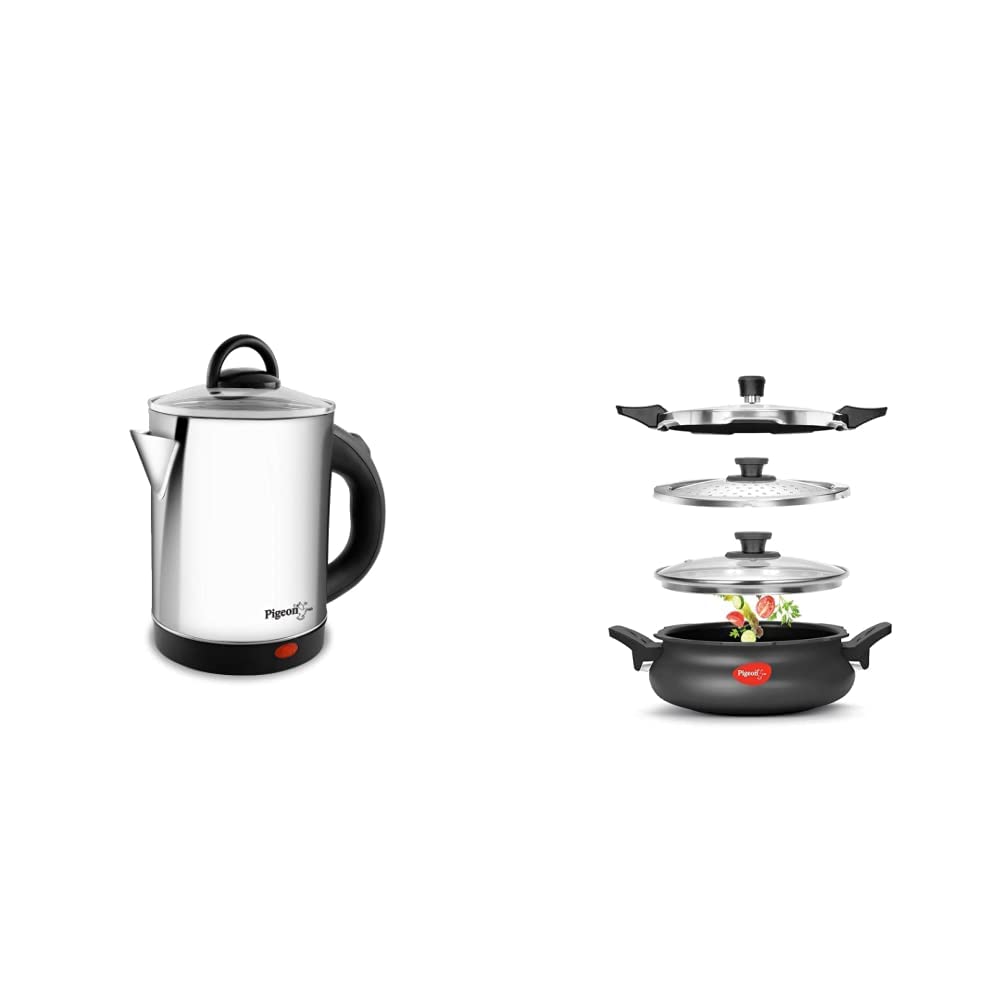 Pigeon by Stovekraft Quartz Kettle with Stainless Steel Body, 1.7 litres with 1500 W & Pigeon by Stovekraft All in One Super Cooker 620-H 3 Litre Hard Anodised Pressure Cooker (Black)-image-21