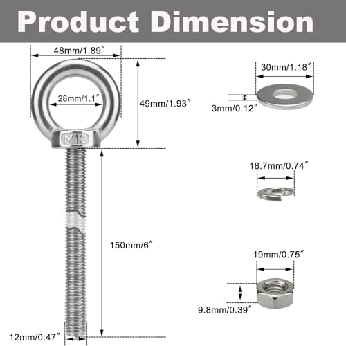 Image of M12 x 150mm Stainless Steel Eye Bolt with Nuts 2 Pack, 15 /32 inch x 6 inch Long Shoulder Lifting Ring Eye Bolt for Boat & Hanging, Heavy Duty Marine Grade Threaded Eyebolts for Tie Down Outdoor