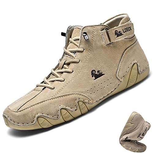 Dimleen Mens Italian Handmade Suede High Boots Casual Adjustable Easy Slip-on Sneakers Non-Slip Breathable Leather Walk Chukka Bootie (Khaki,11,11)